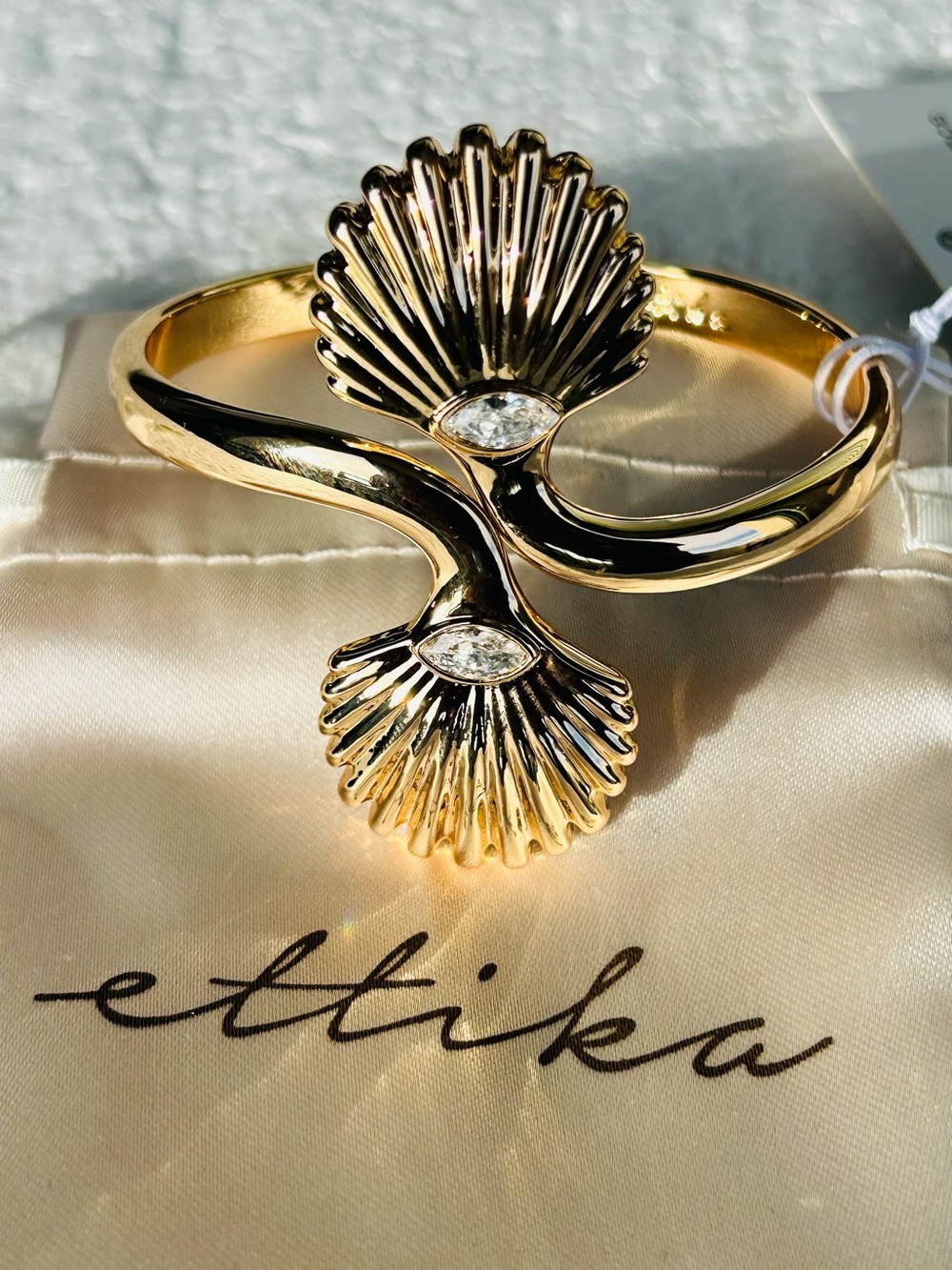 Ettika Gold Seashell Double-Top Cuff Bracelet with Clear Stones
